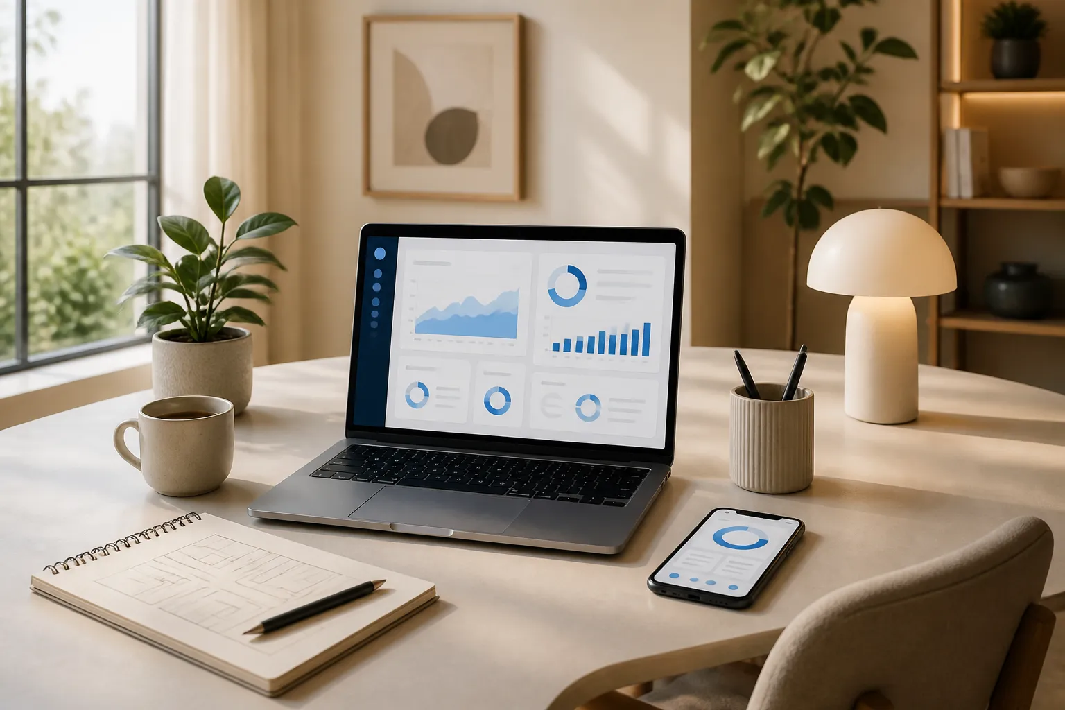 Modern technology workspace with laptop and digital tools