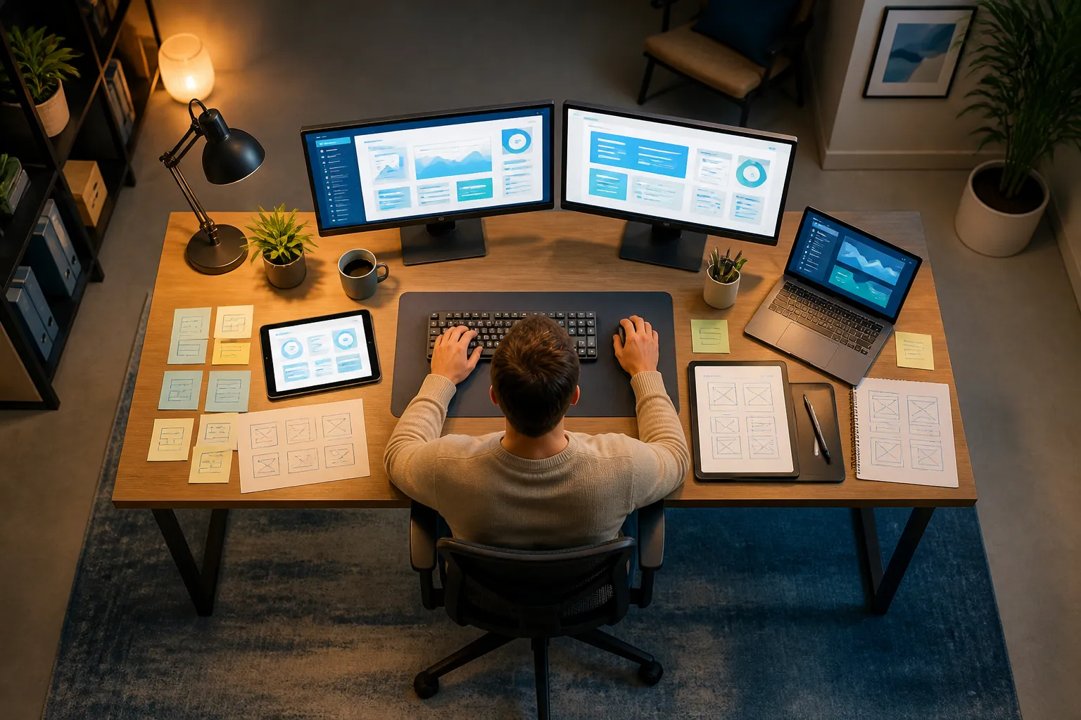 Technology studio workspace with multiple screens and design tools
