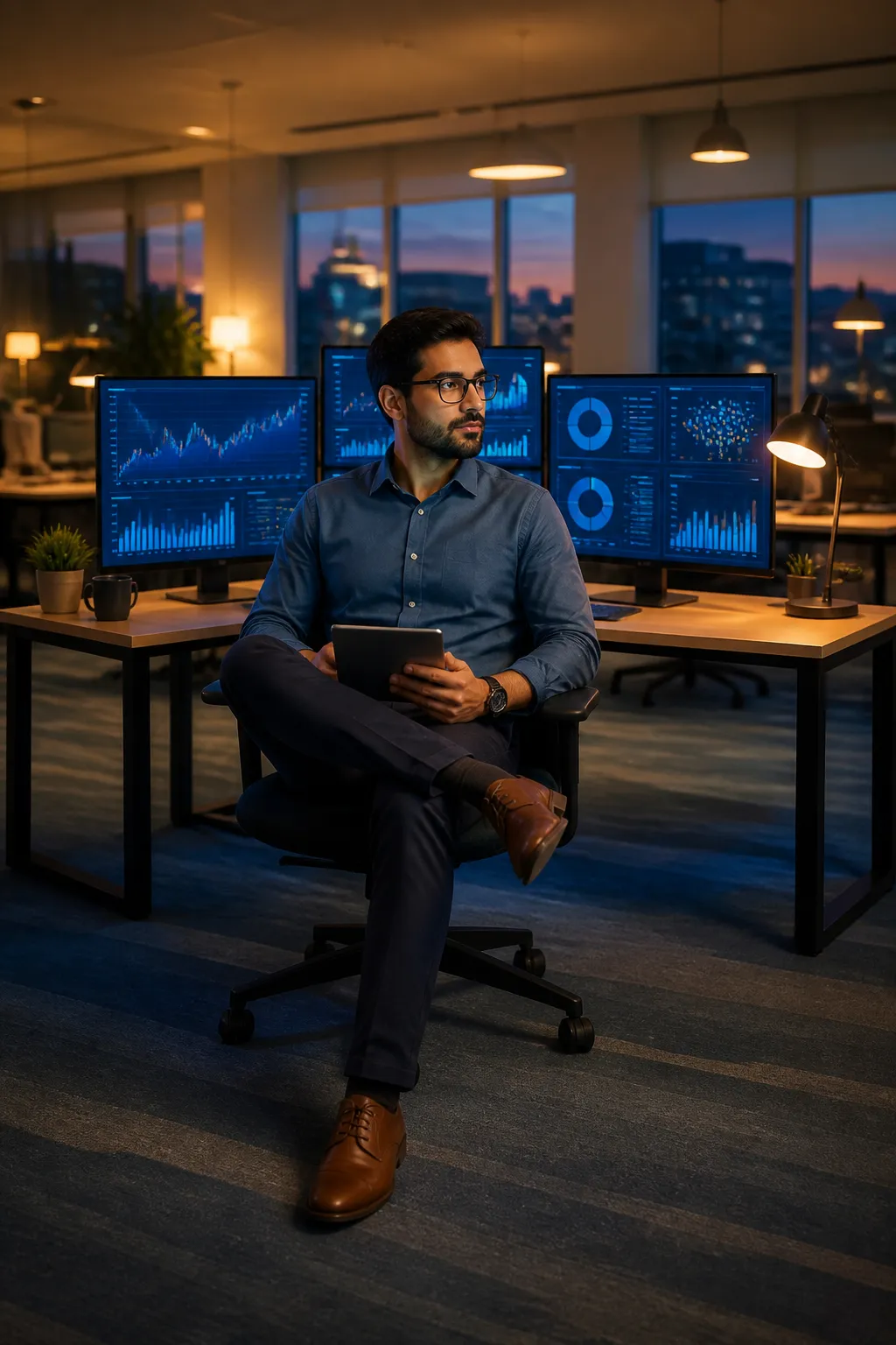 Data analyst reviewing AI-powered business intelligence dashboards