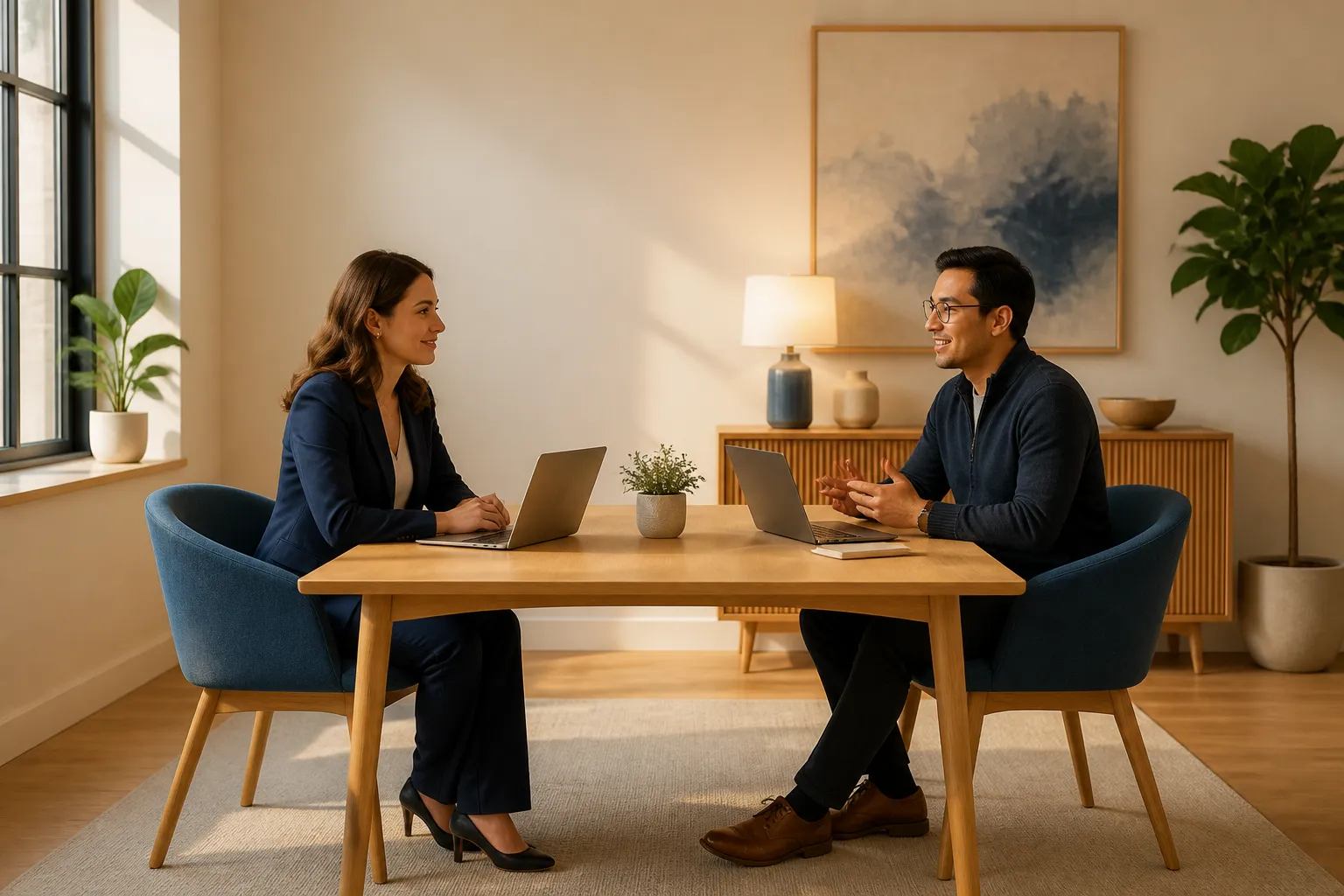 Two professionals in a relaxed and focused consultation meeting